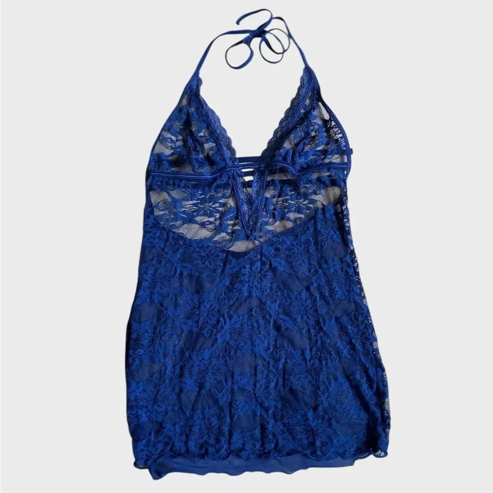 Avidlove Women's Lace Chemise Halter Dress Size L Navy Blue Feminine Bodycon